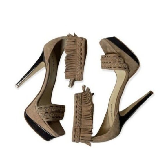 bebe Shoes - BEBE Tan Suede Leather Heels Fringe Ankle Strap Sz 7